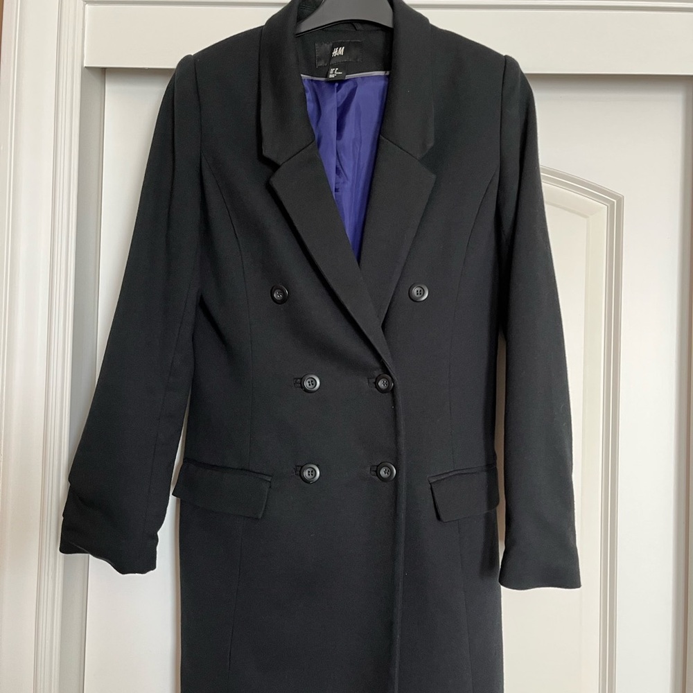 H&M Women's Black Lined Double-Breasted Mid Weight Car Coat